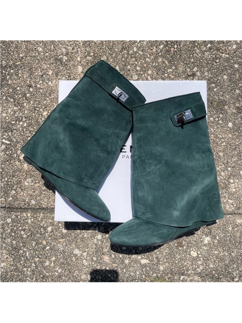 Givenchy Dark Green Suede Wedge Booties with Buckle